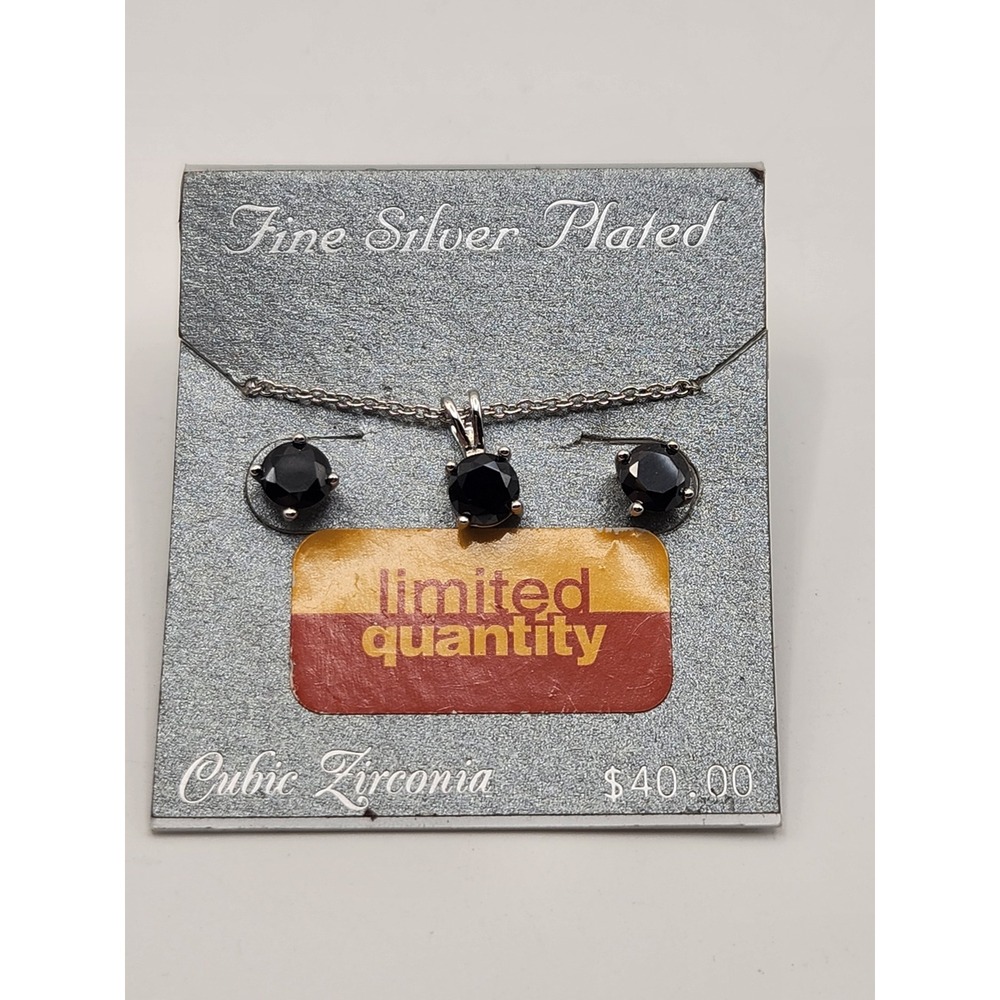 Kohls Fine Silver Plated Black‎ Cubic Zirconia Necklace and Stud Earring Set NEW